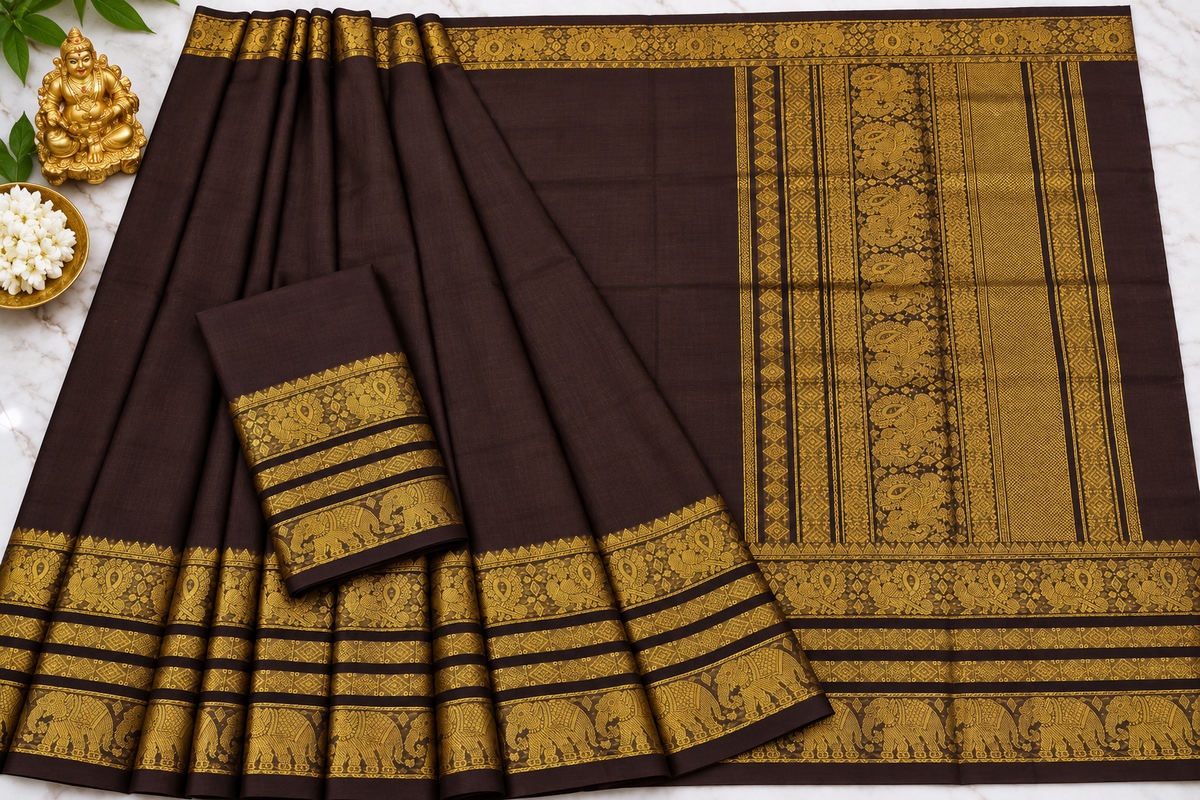 Traditional Coffee Brown Cotton Saree