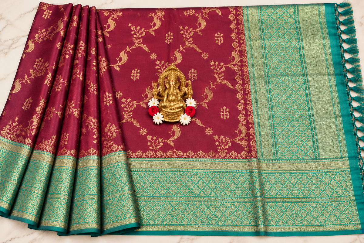 Own Production Kanchi Semi Soft Silk Saree - wine