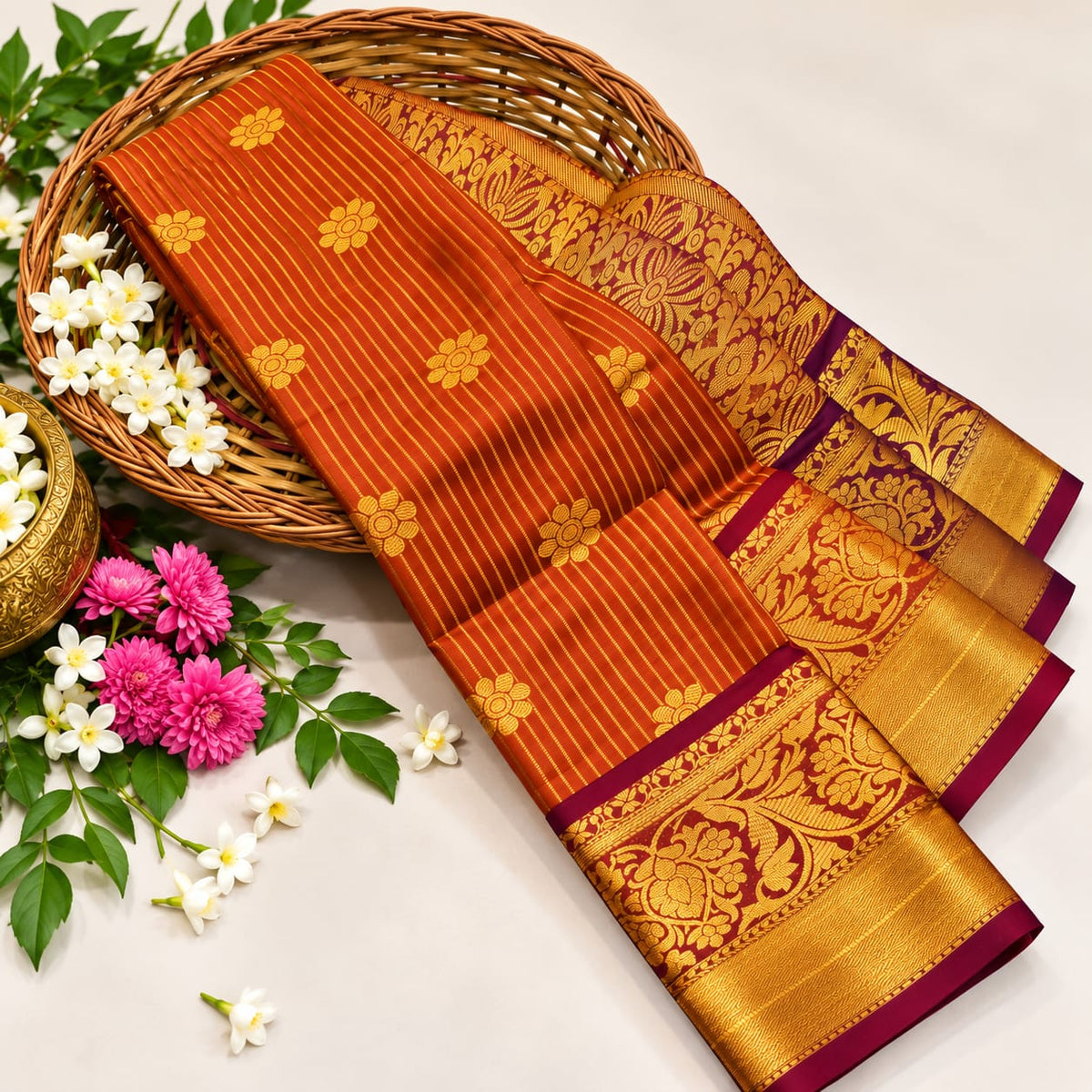 Rust Orange Zari Silk Saree ( Same Colour Only Dispatch )