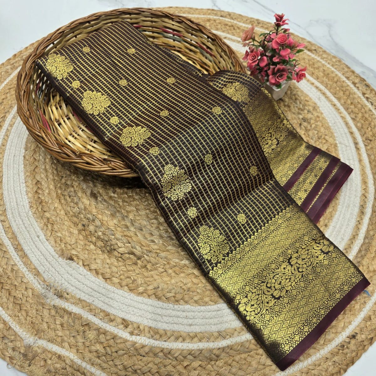 Chocolate Brown Checked Saree