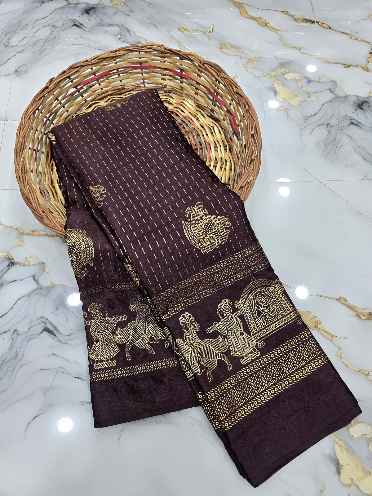 Coffee brown Pallakku Foil Printed Saree