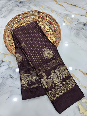 Coffee brown Pallakku Foil Printed Saree