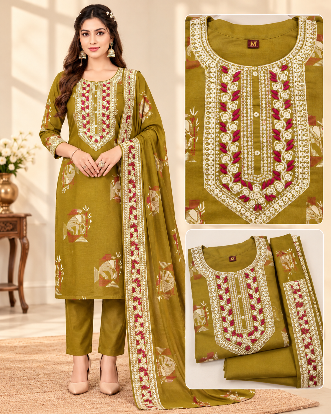Zara mul Chanderi Embroidered 3 Pcs Set