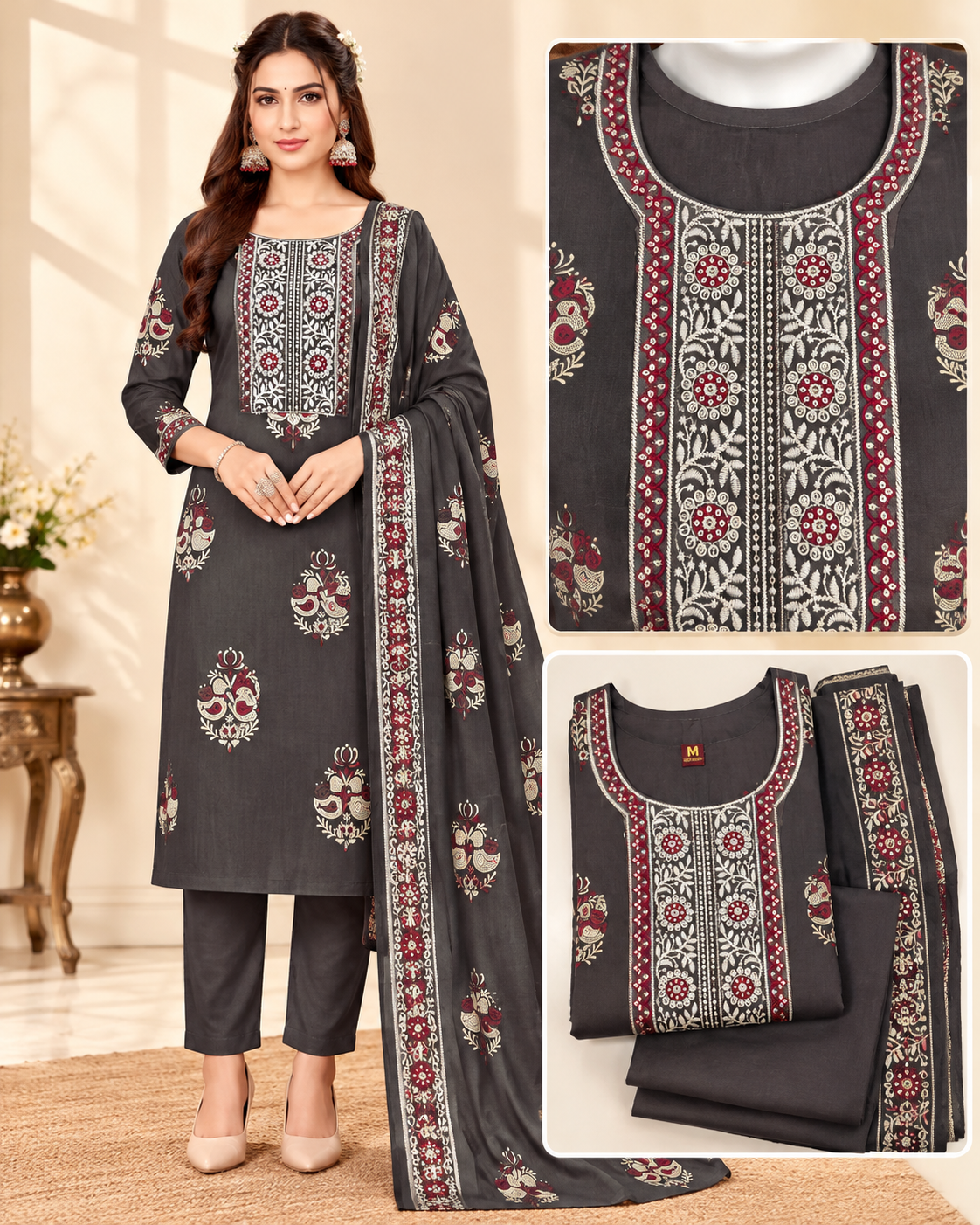 Zara mul Chanderi Embroidered 3 Pcs Set