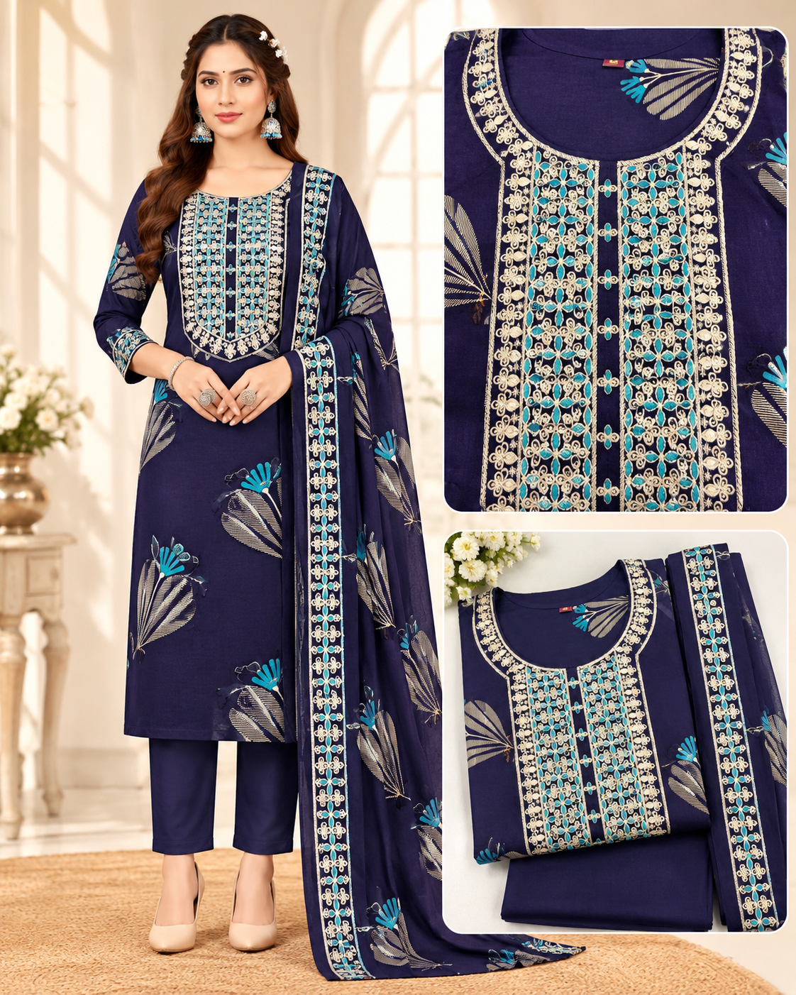 Zara mul Chanderi Embroidered 3 Pcs Set