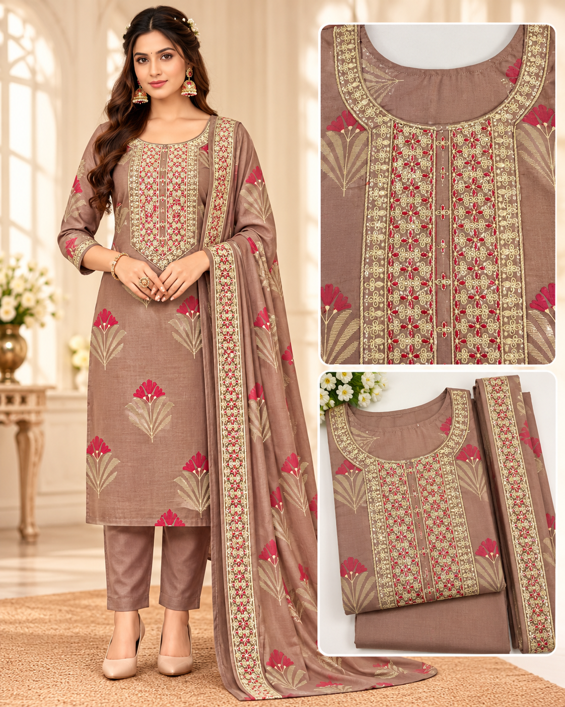 Zara mul Chanderi Embroidered 3 Pcs Set