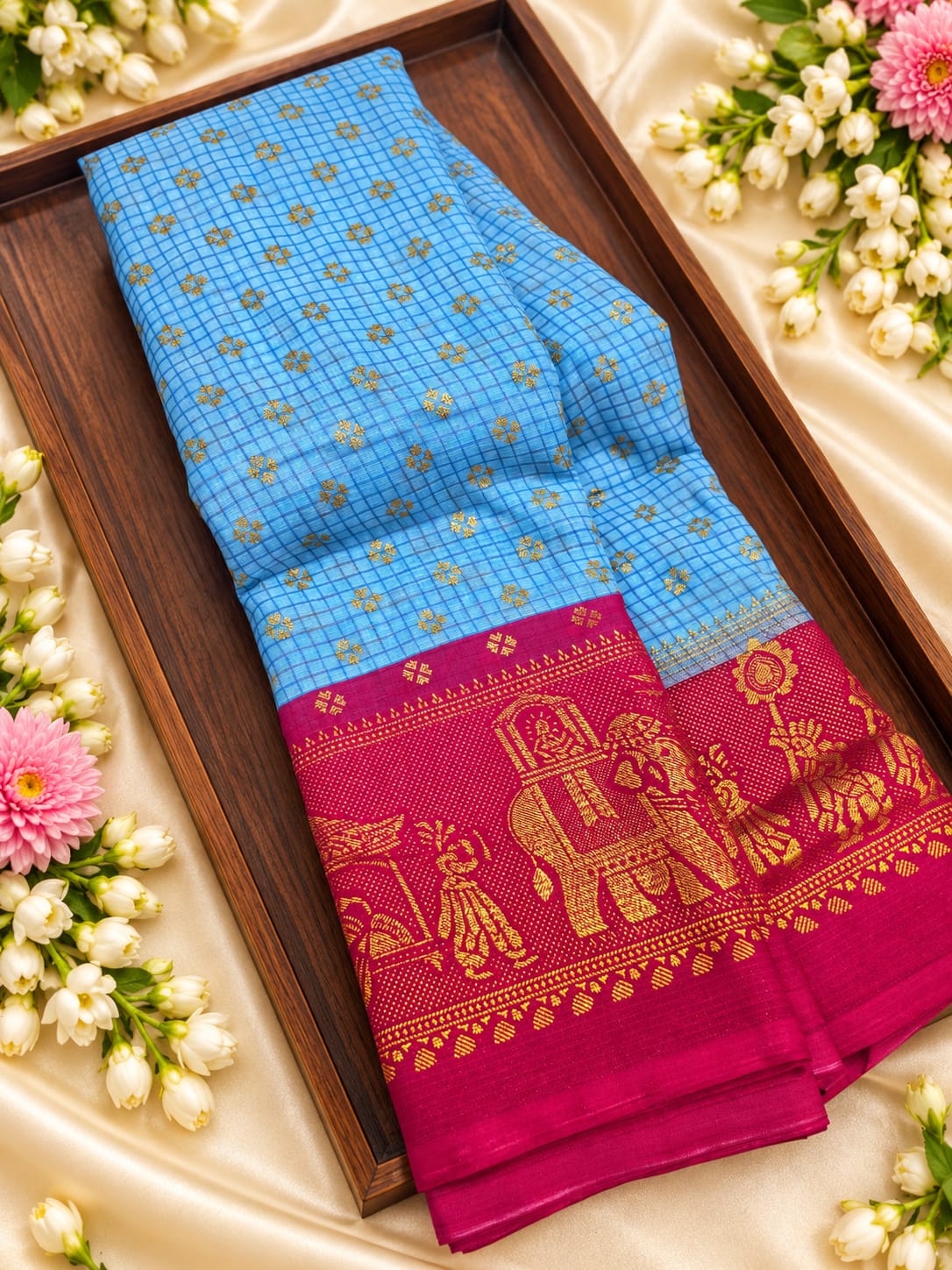 Checked Pallakku Foil Printed Silk Saree