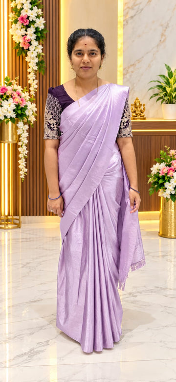Lavender Satin Embroidery Blouse Silk Saree