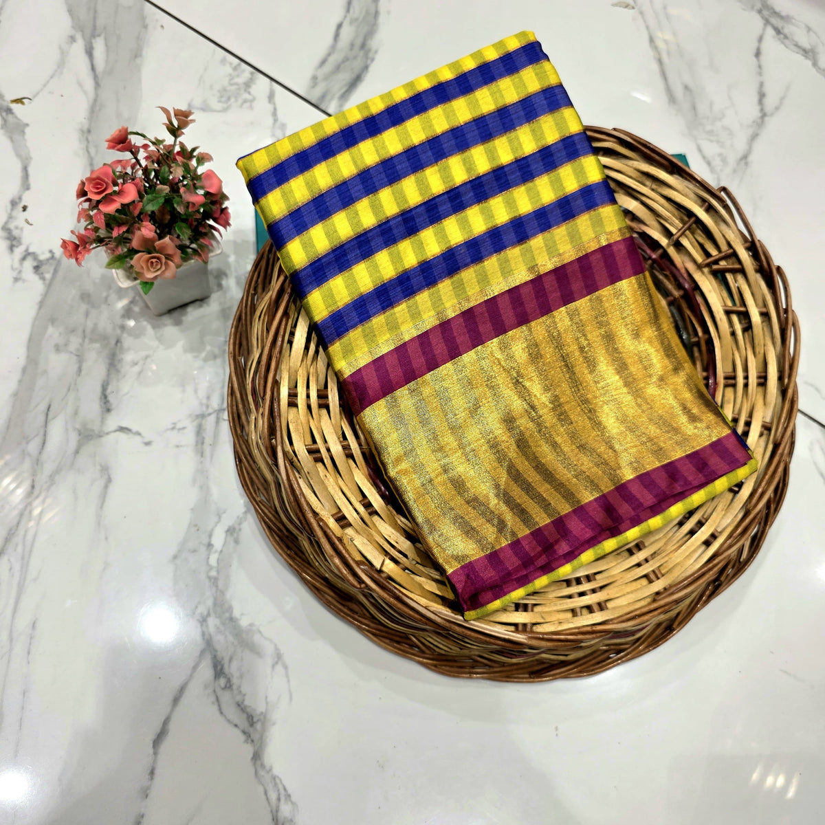 Royal Golden Zari Checked Silk Saree
