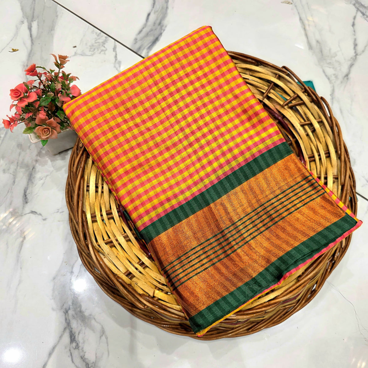 Royal Golden Zari Checked Silk Saree