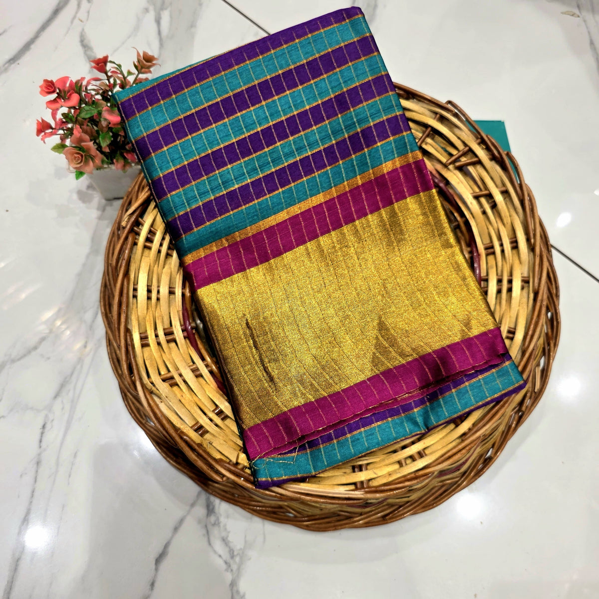 Royal Golden Zari Checked Silk Saree