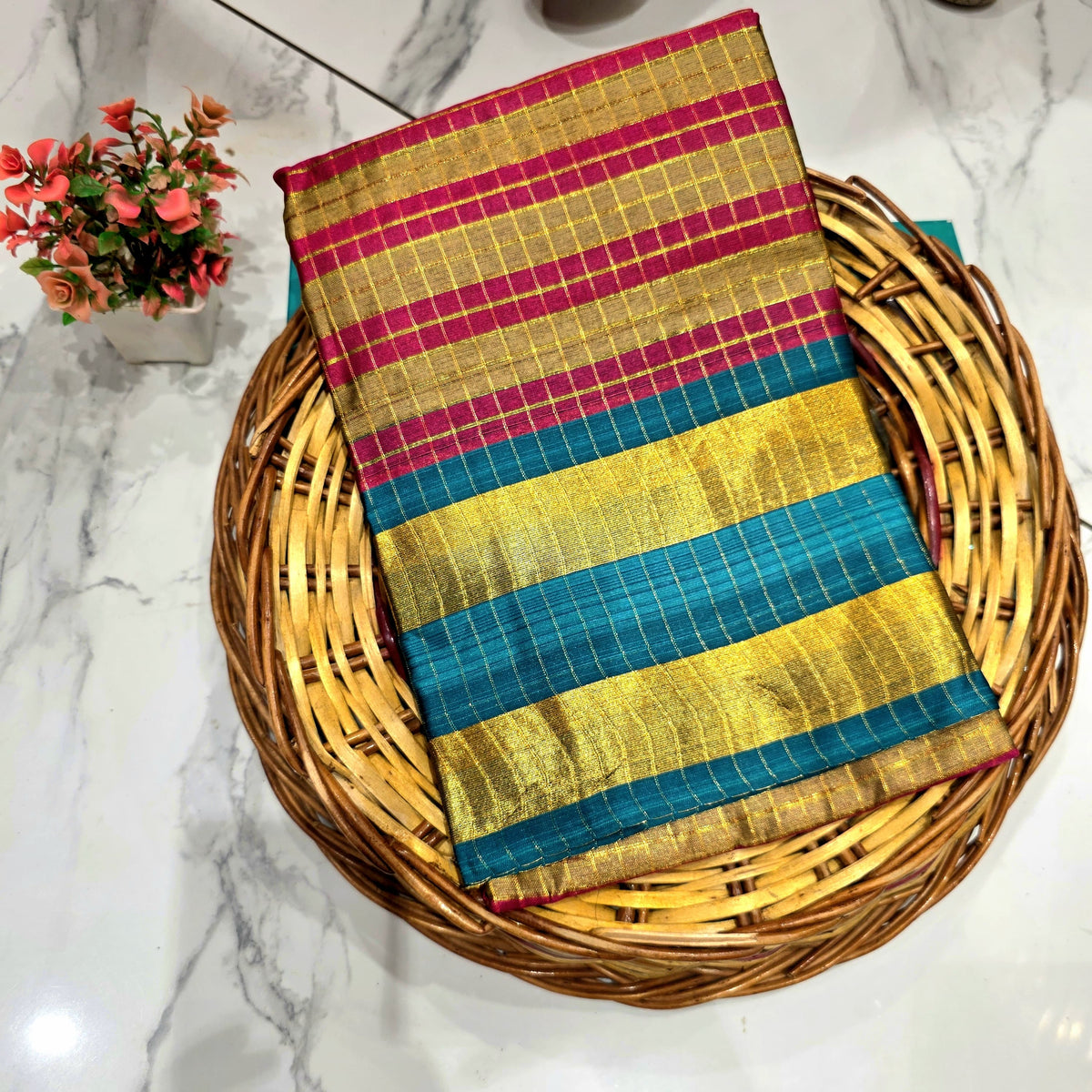 Royal Golden Zari Checked Silk Saree