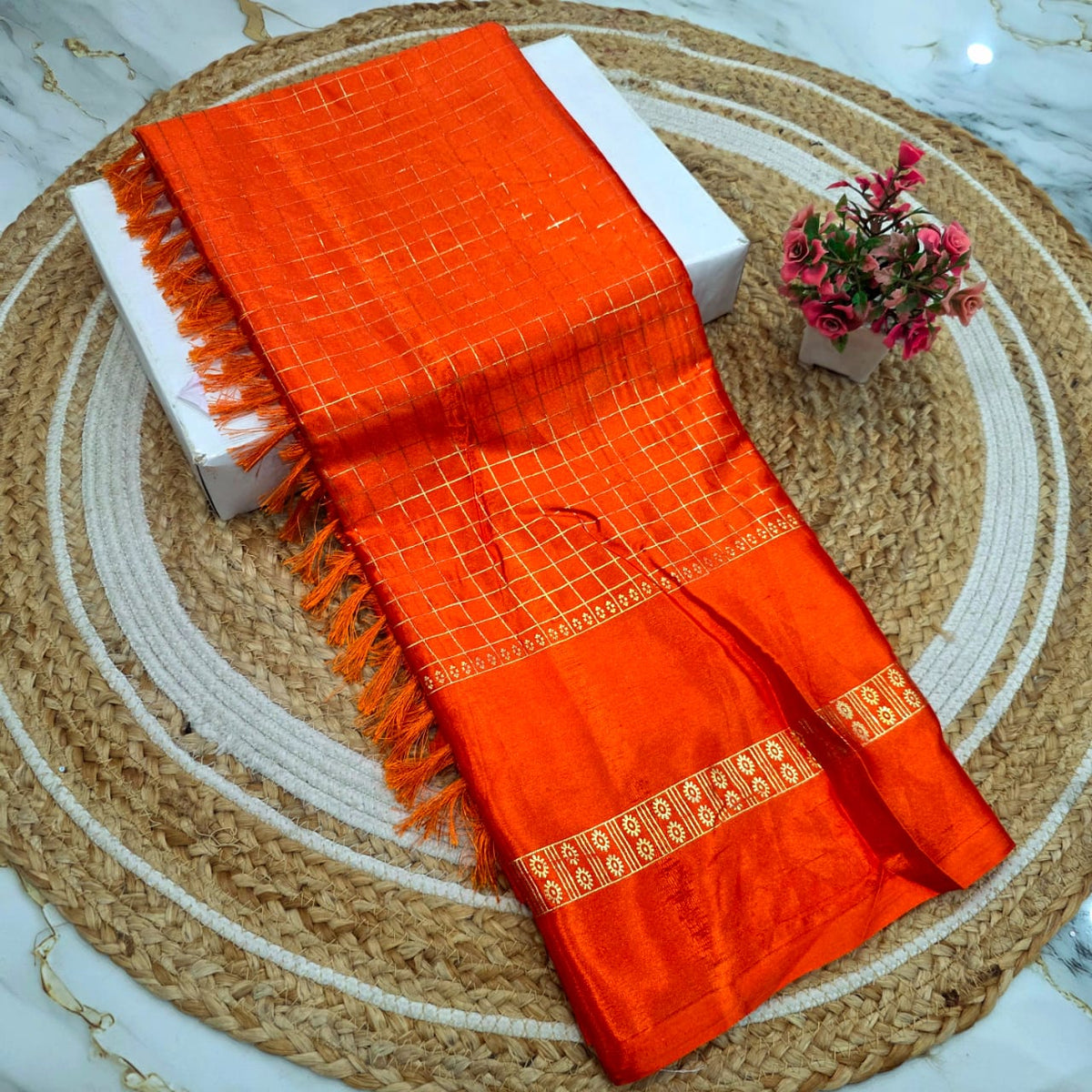 Checked Foil Work Saree ( Same Colour Only Dispatch )