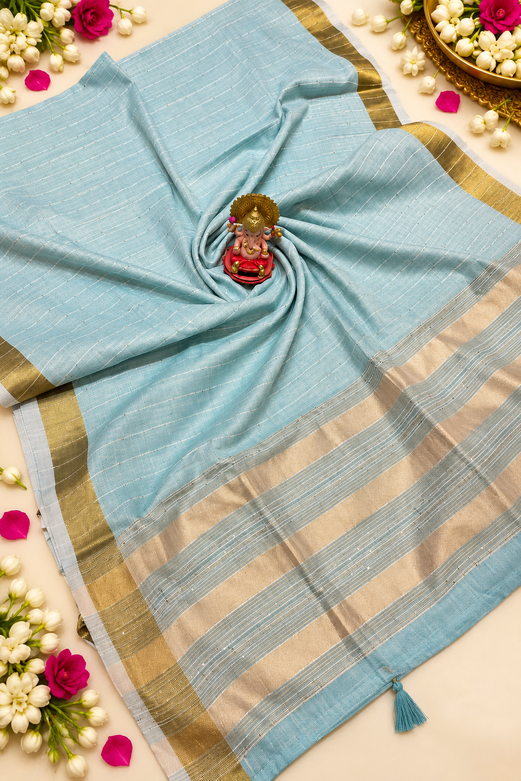 Premium Linen Cotton Sequence Work Saree with Elegant Zari Border