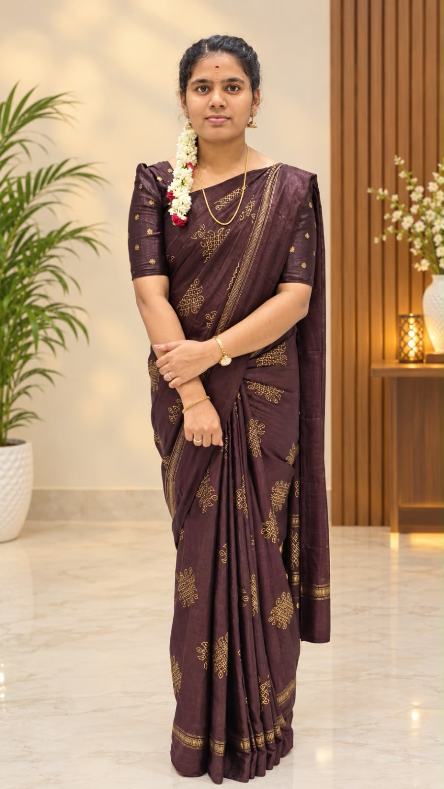 Coffee Brown Foil Kolam Silk Saree