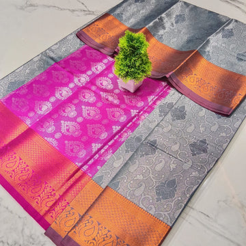 Silver Zari  Dual-Tone Contrast Soft Silk Saree