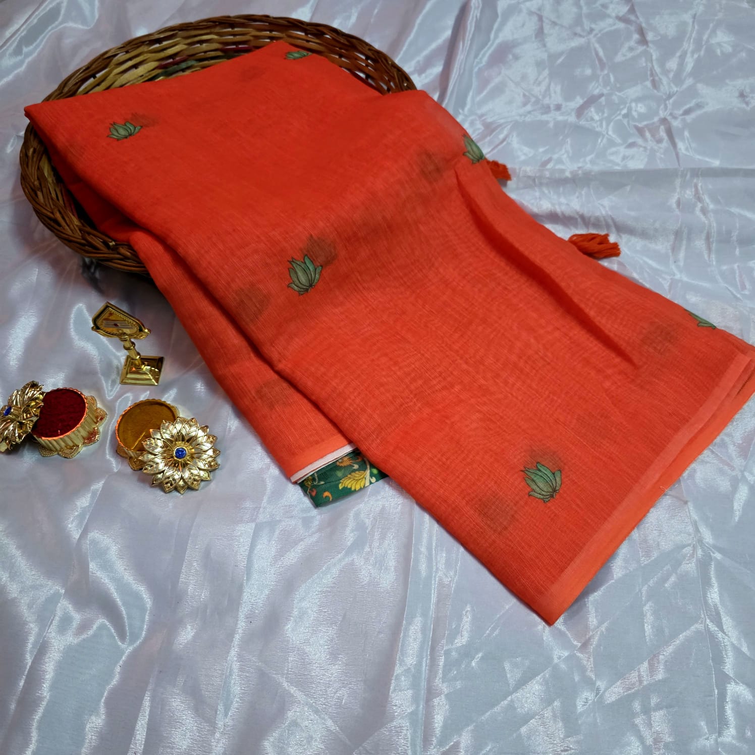 Linen Cotton saree - Orange