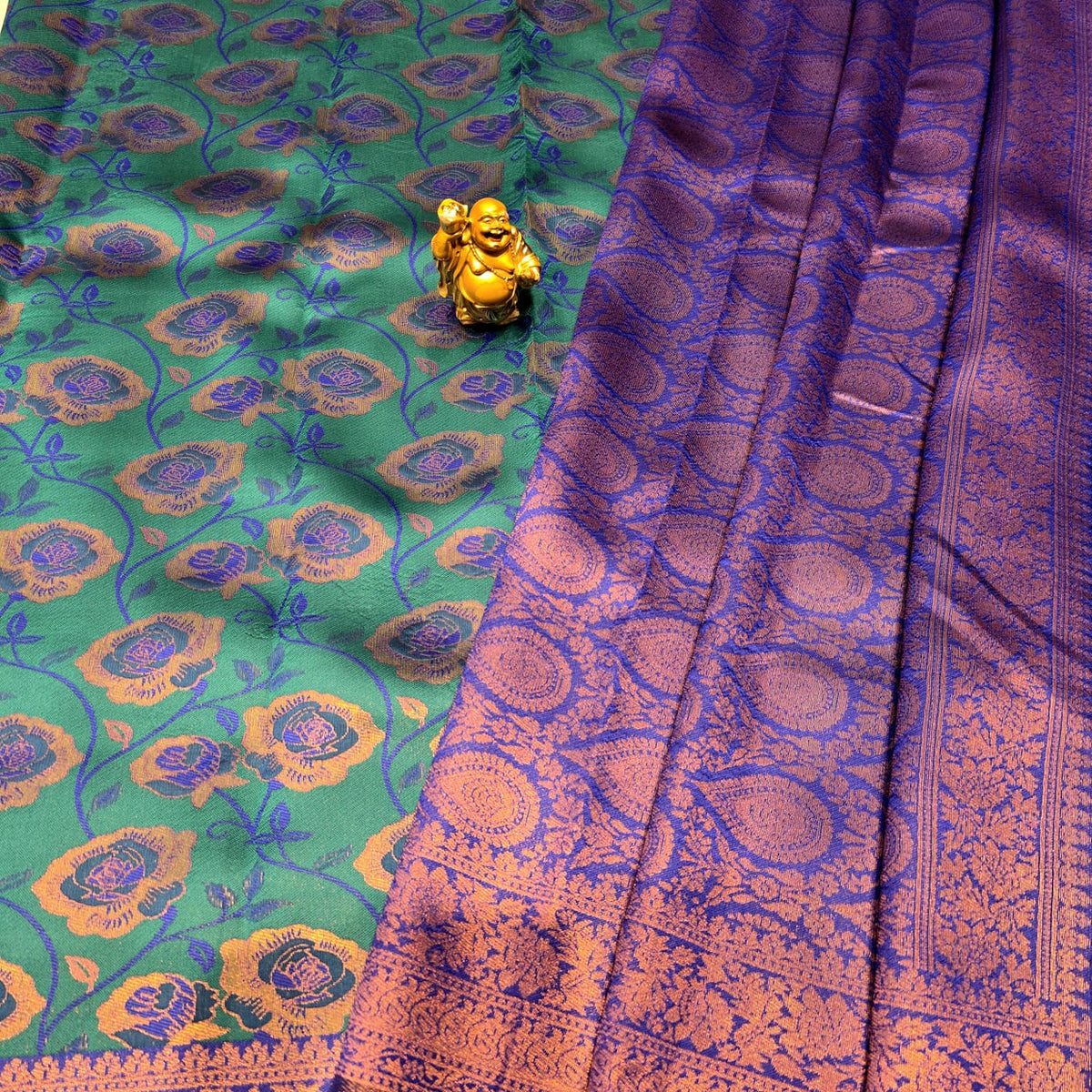 Peacock colour with Rose design Silk Saree