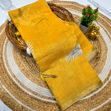 Linen Cotton Saree with Crane Print