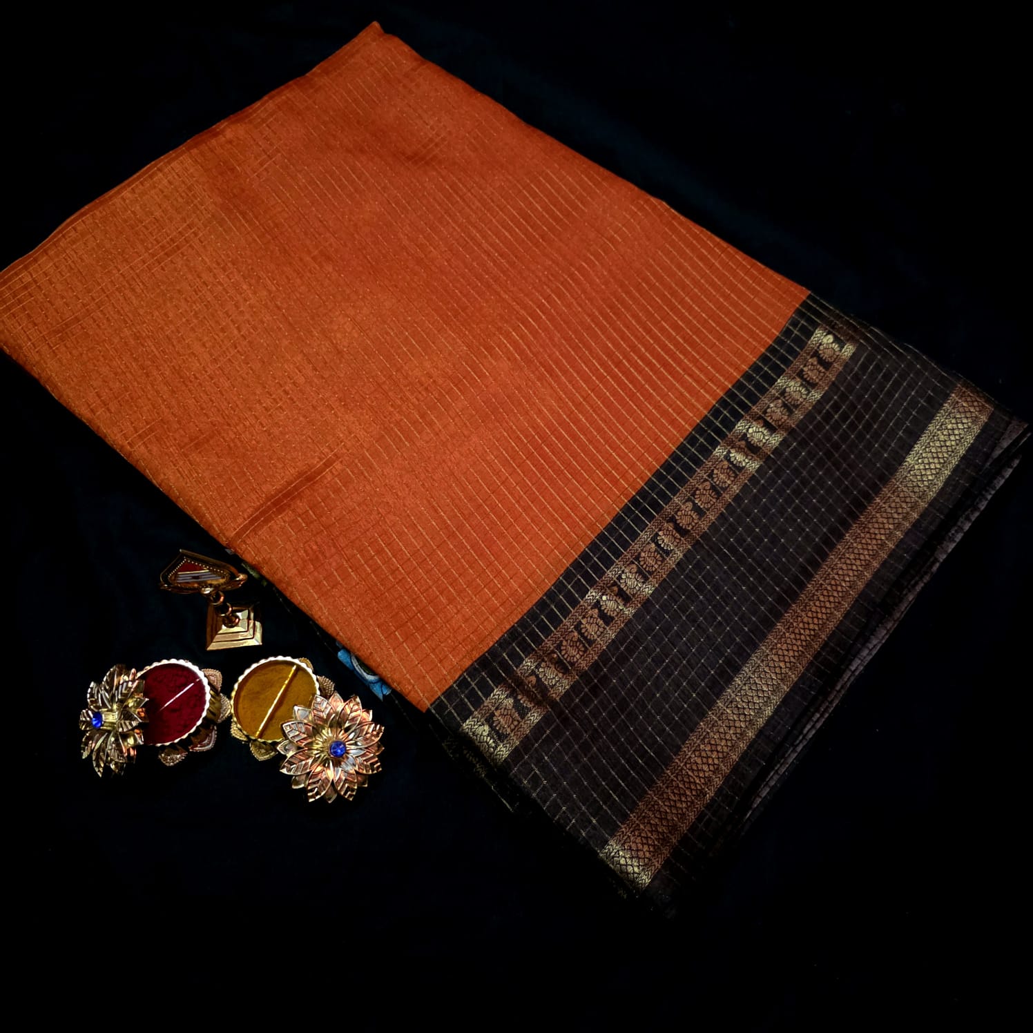 Rustic Orange Checked Silk saree