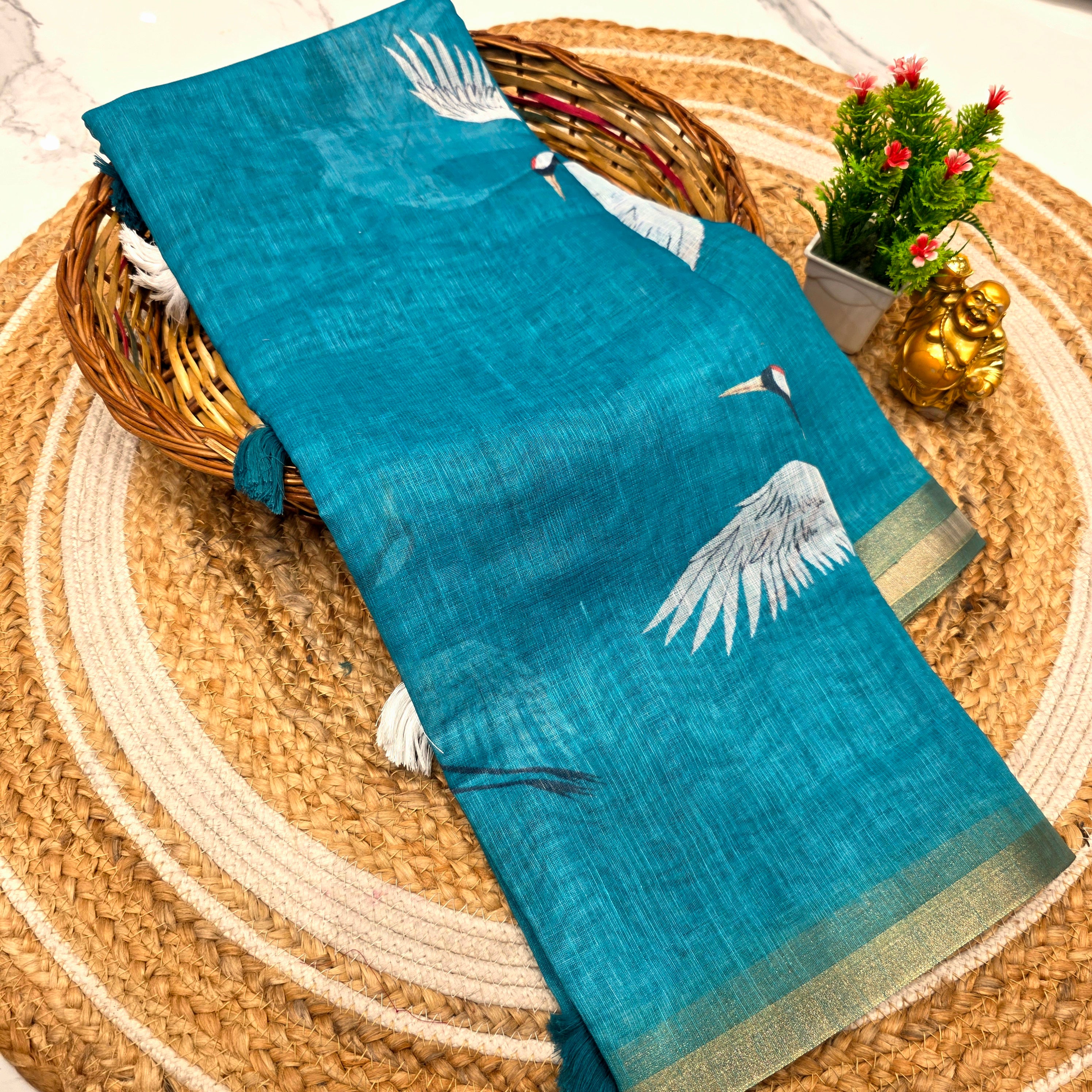 Linen Cotton Saree with Crane Print