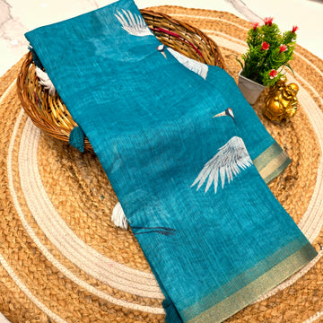 Linen Cotton Saree with Crane Print