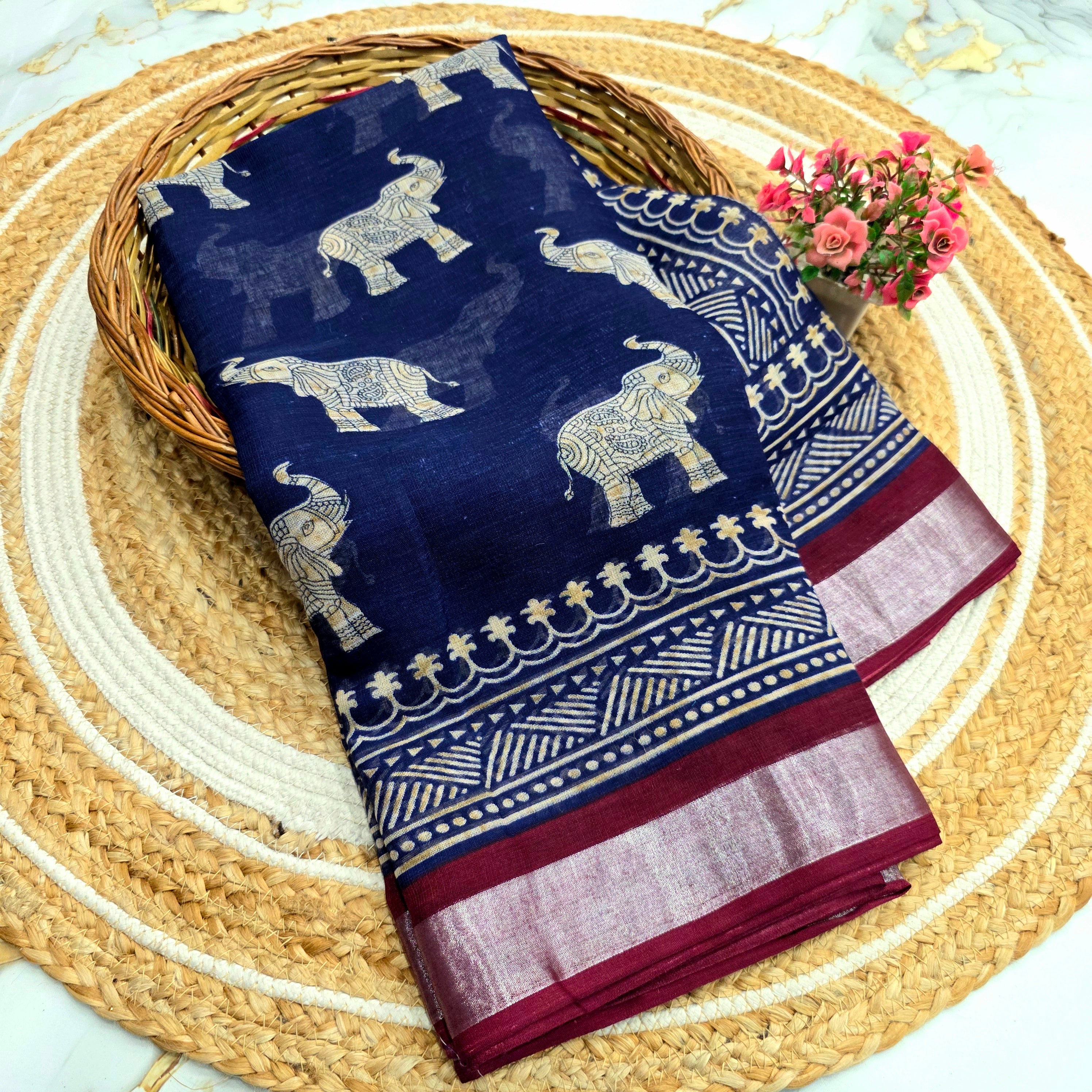 Elegant Elephant Motif Cotton Saree