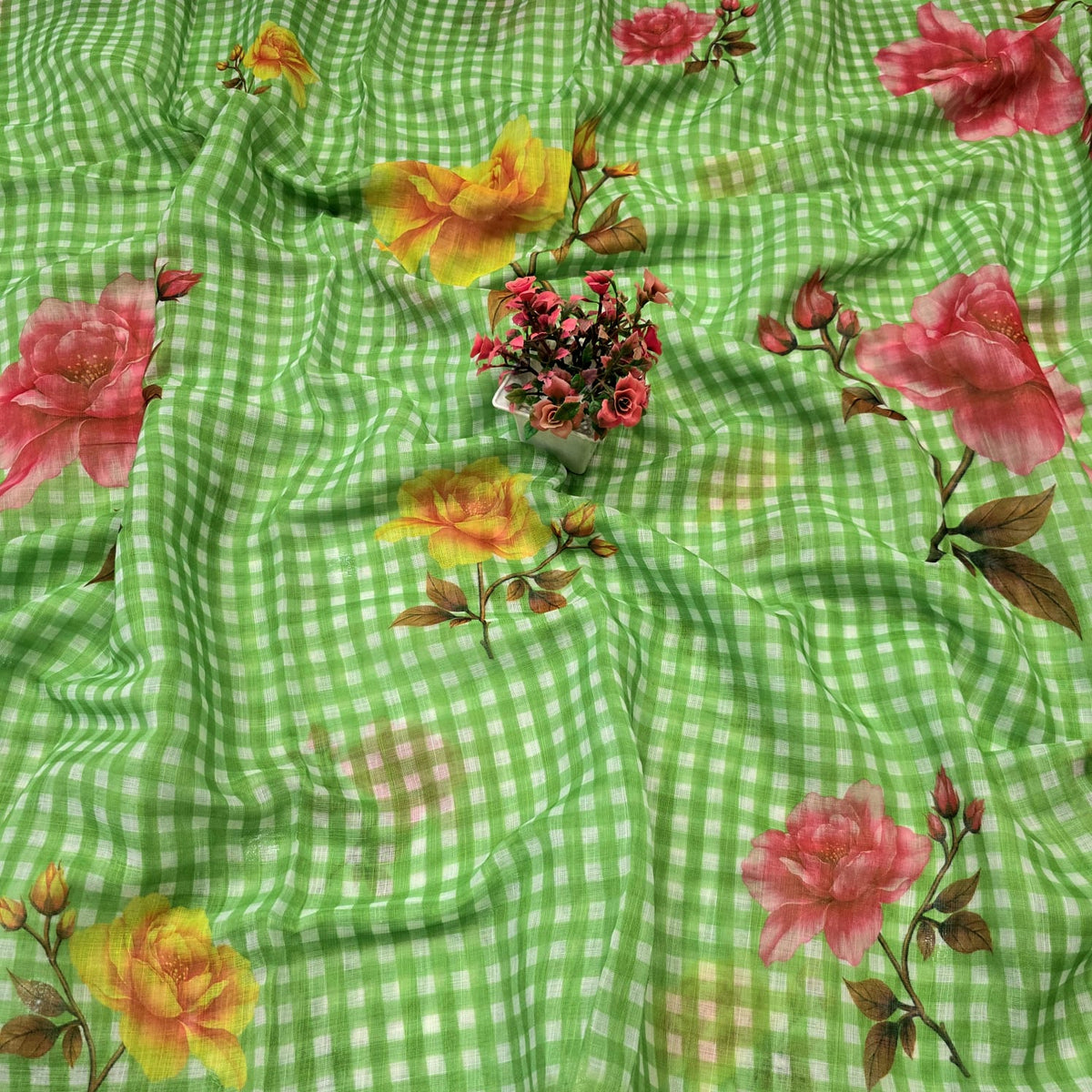 Floral Checks Linen Cotton Saree ( Same Colour only dispatch )
