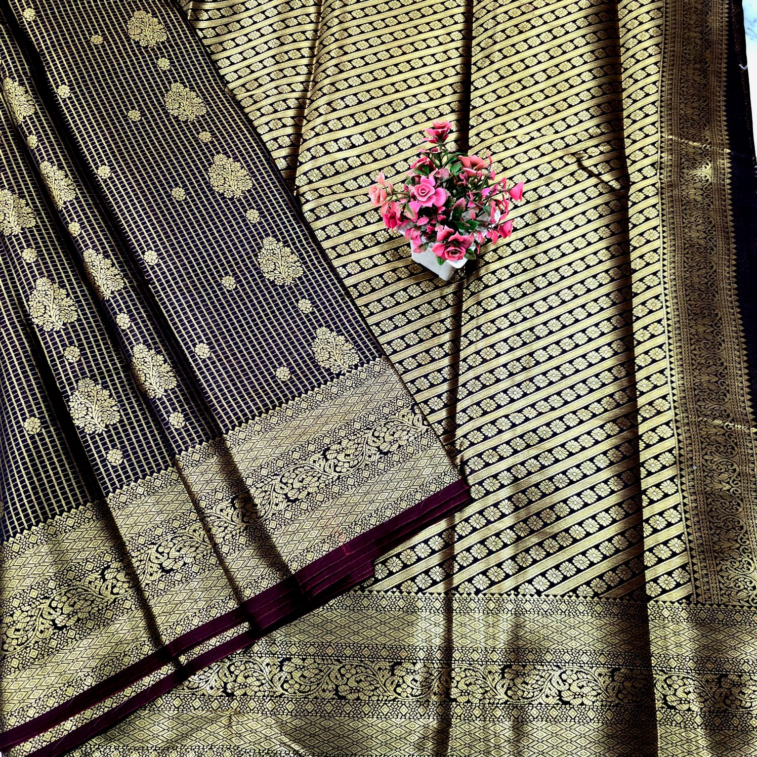 Coffee Brown Checked Zari Silk Saree