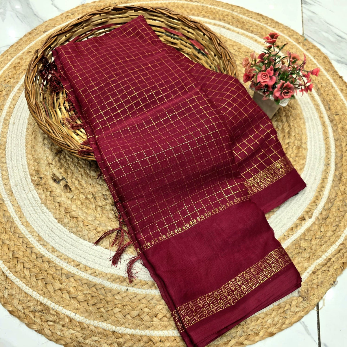 Elegant Gold Zari Foil Work Saree