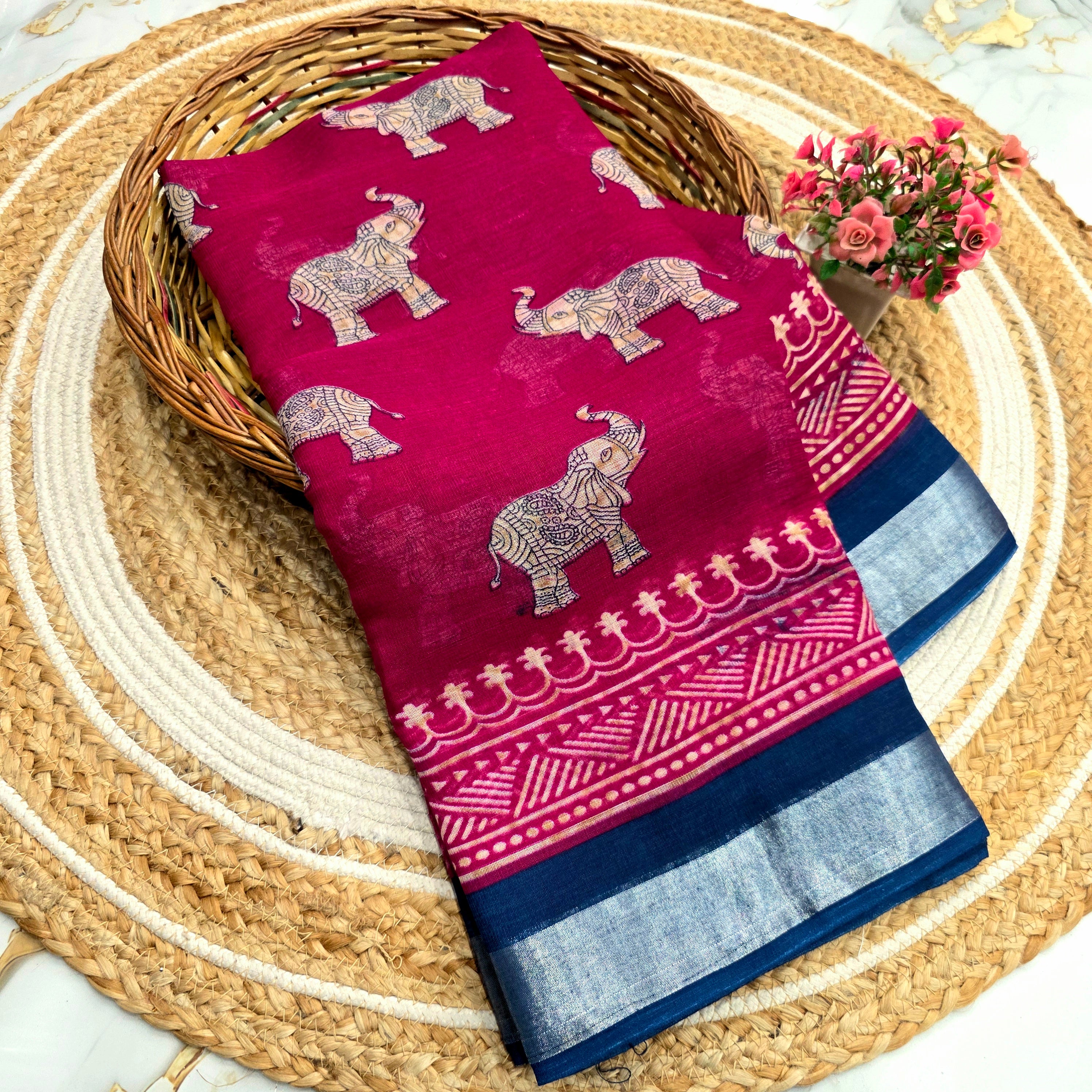 Elegant Elephant Cotton Motif Silk Saree