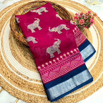 Elegant Elephant Cotton Motif Silk Saree