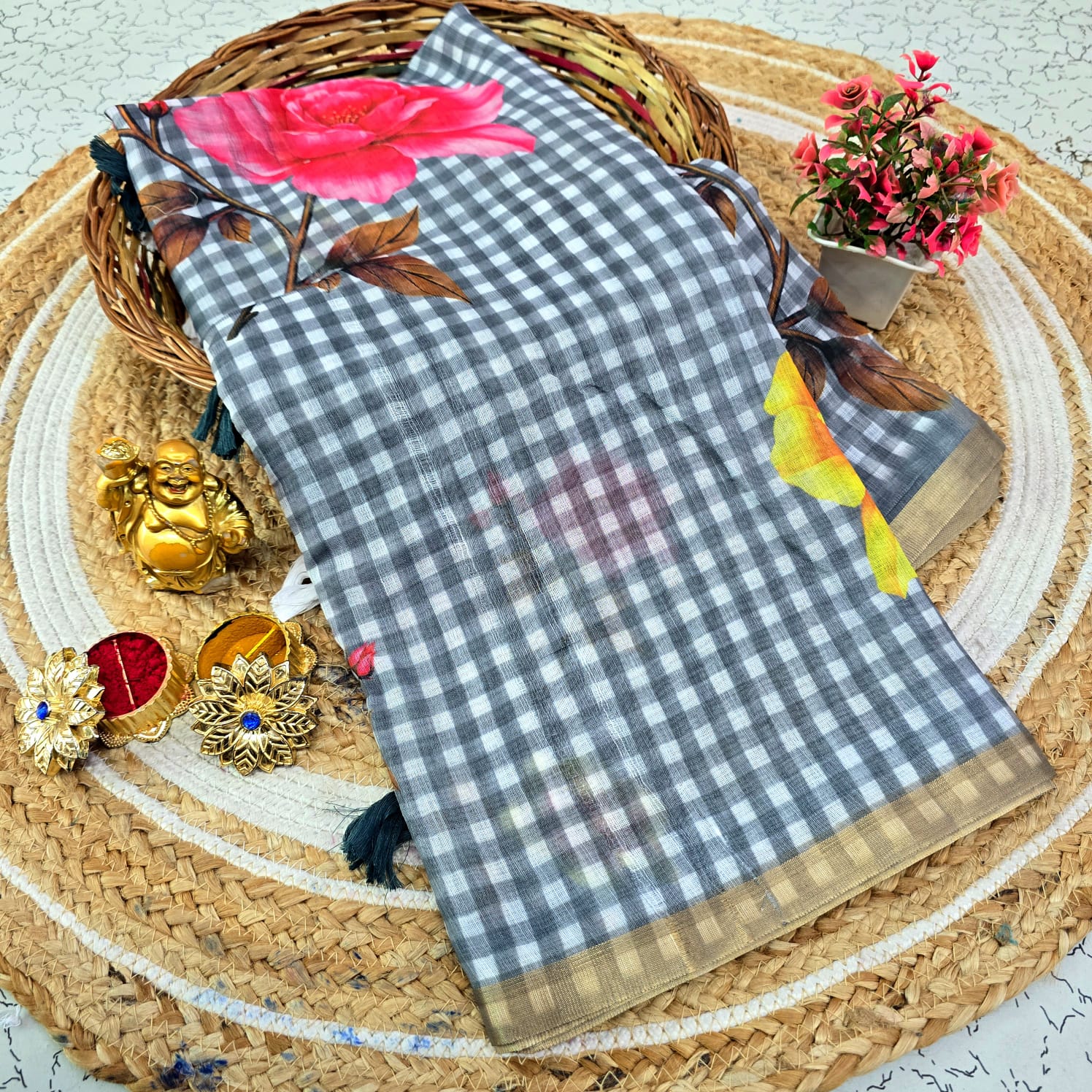 Fancy Linen Checked Saree
