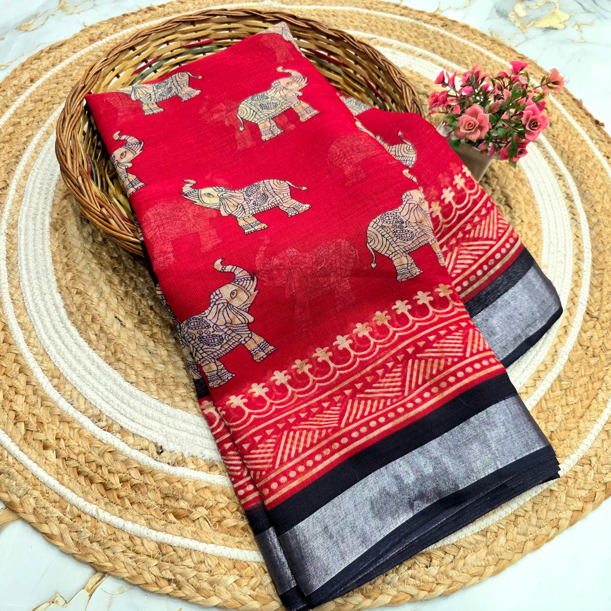 Elegant Elephant Motif Cotton Silk Saree