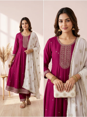Jamdani 3-Pcs Kurti Set - wine