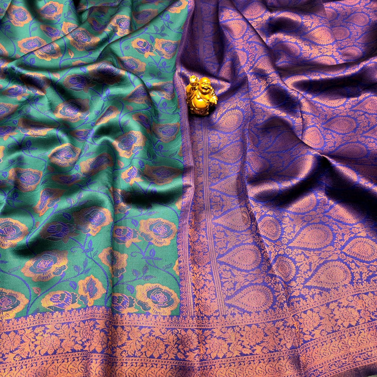 Peacock colour with Rose design Silk Saree