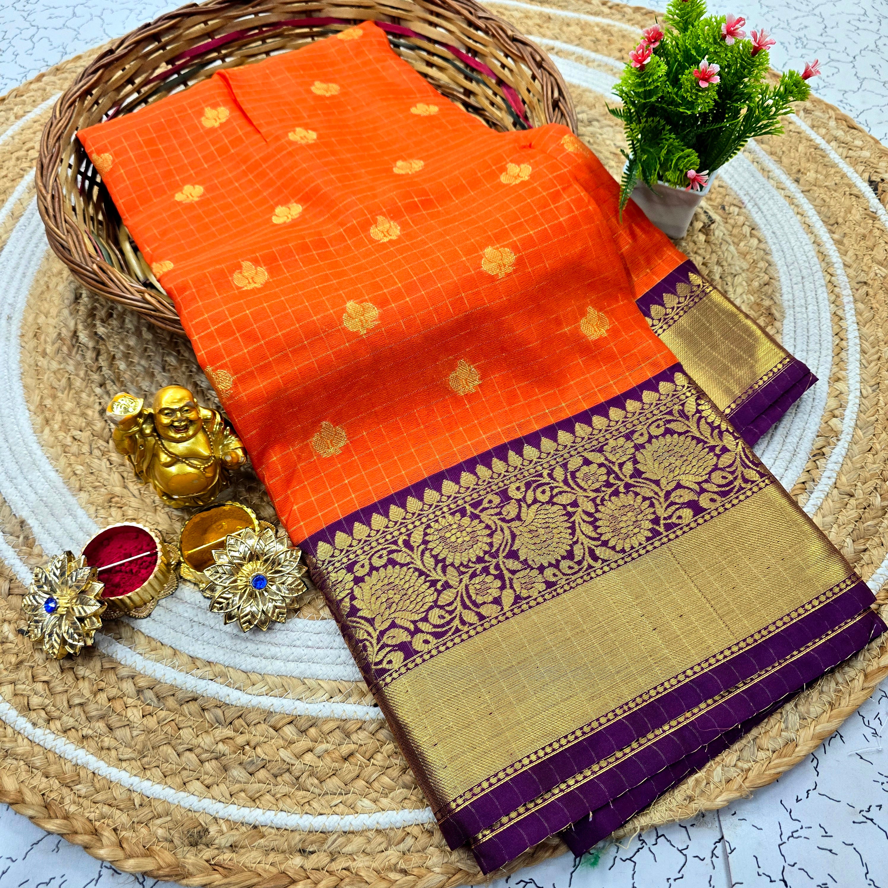 Rust Orange Cheked Saree