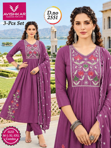 3-Pcs Embroidered Anarkali Kurti Set