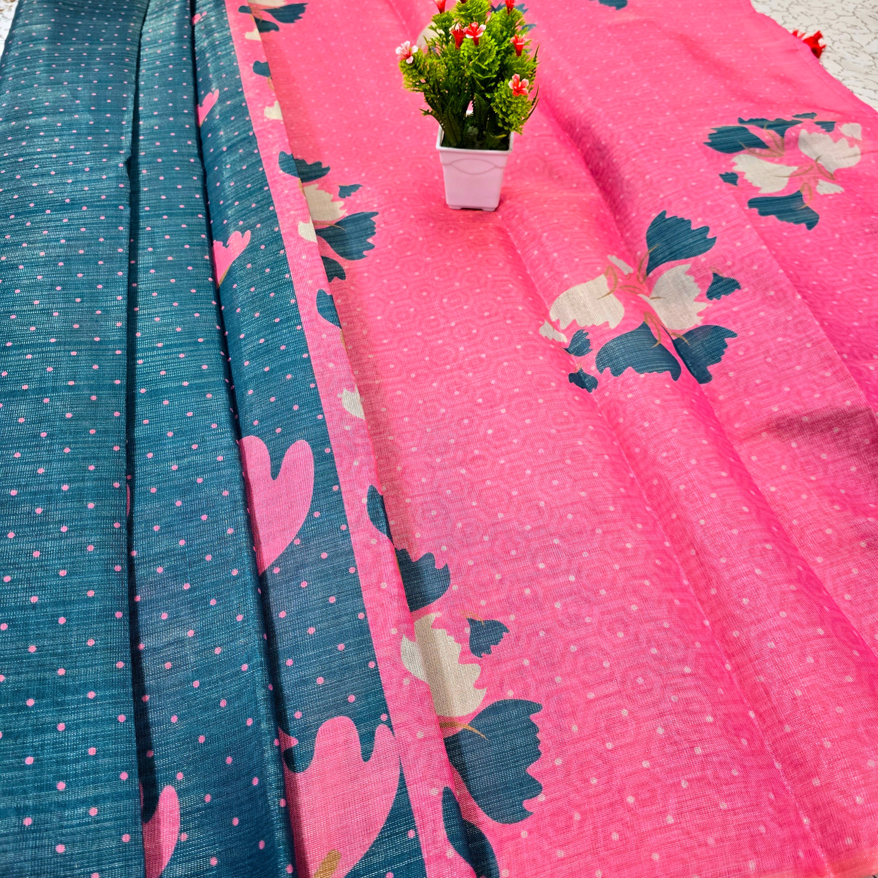 Floral Printed Linen Cotton Saree