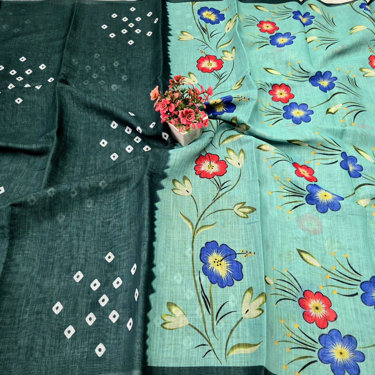 Elegant Floral Linen Cotton Saree