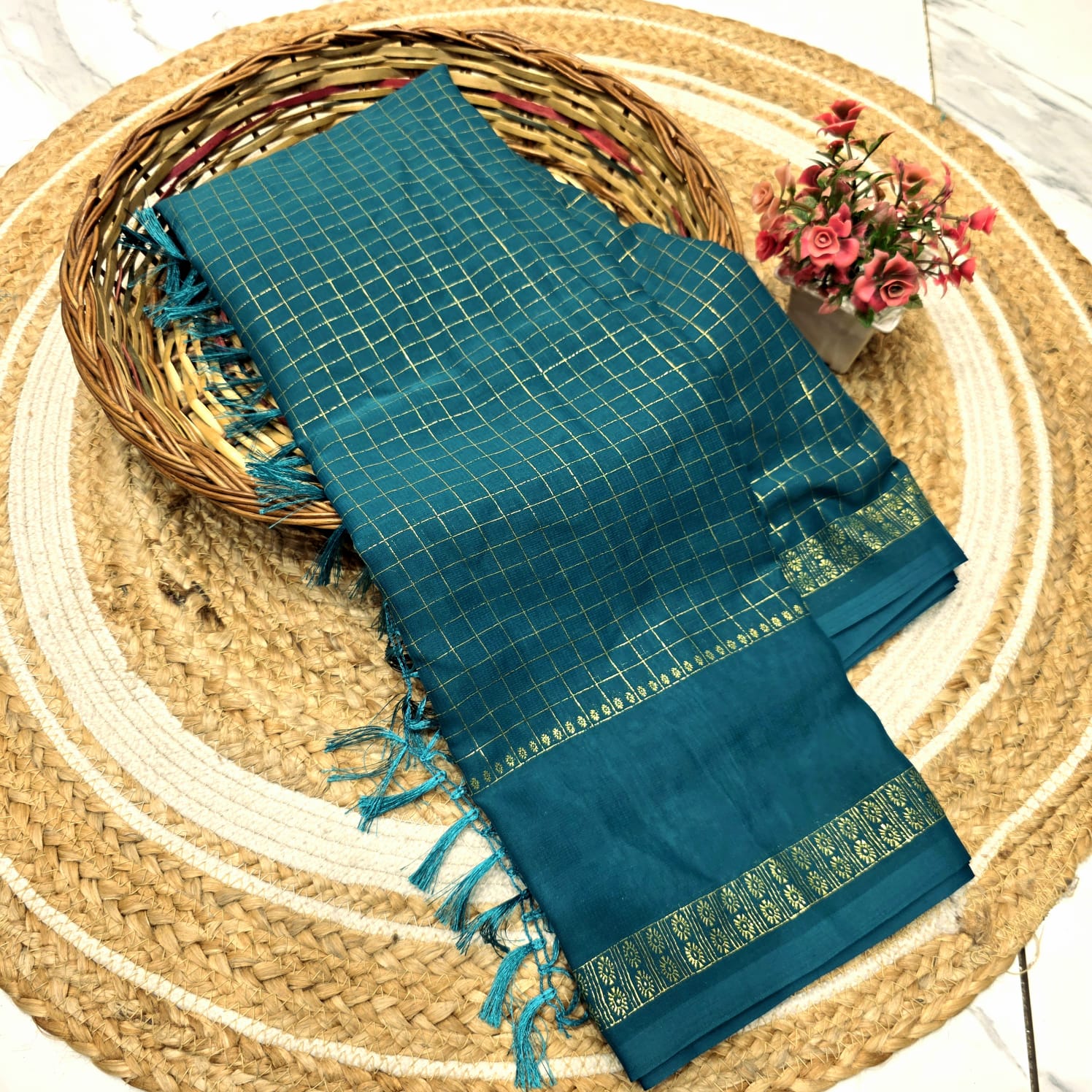 Elegant Gold Zari Foil Work Saree