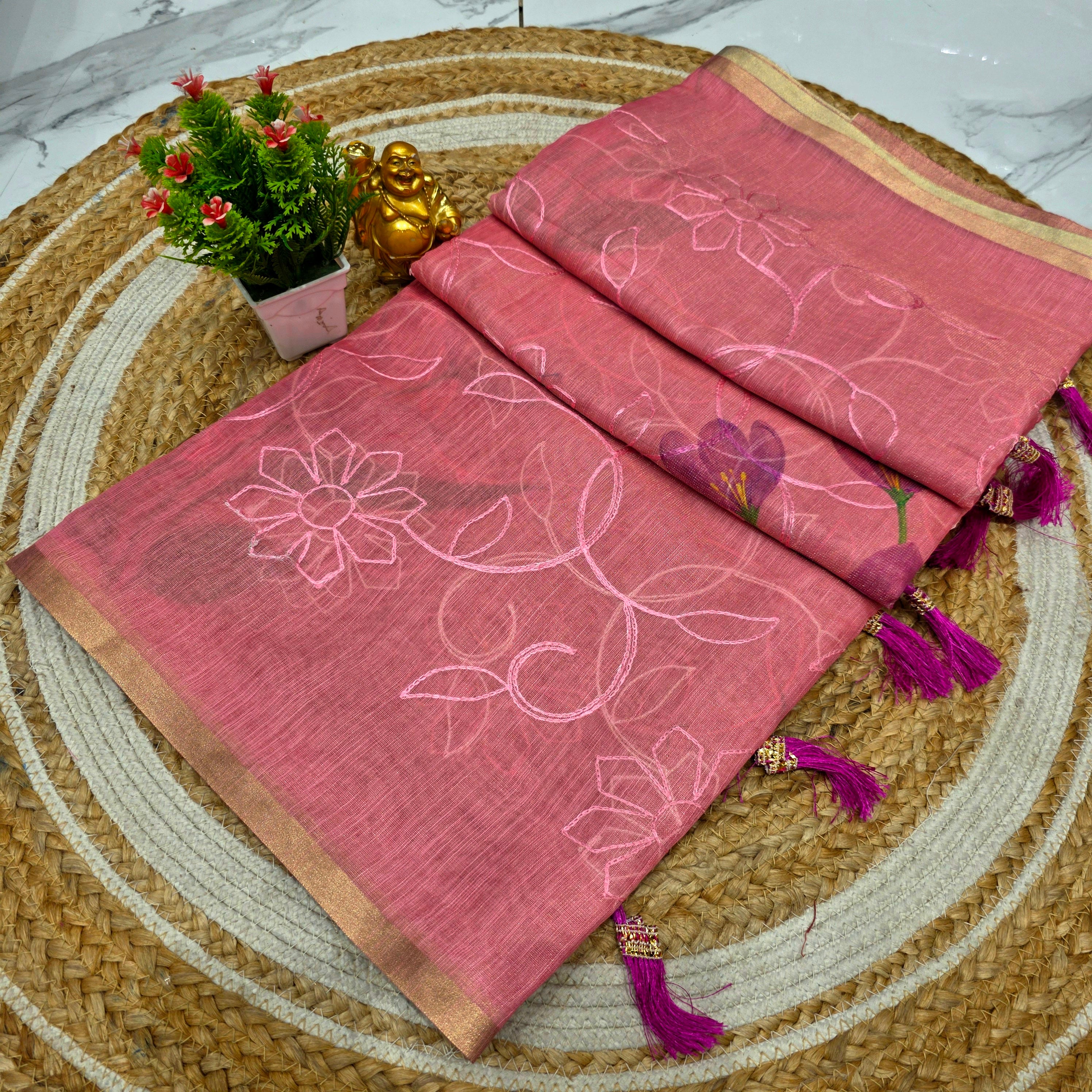 Premium Floral Linen Cotton Saree