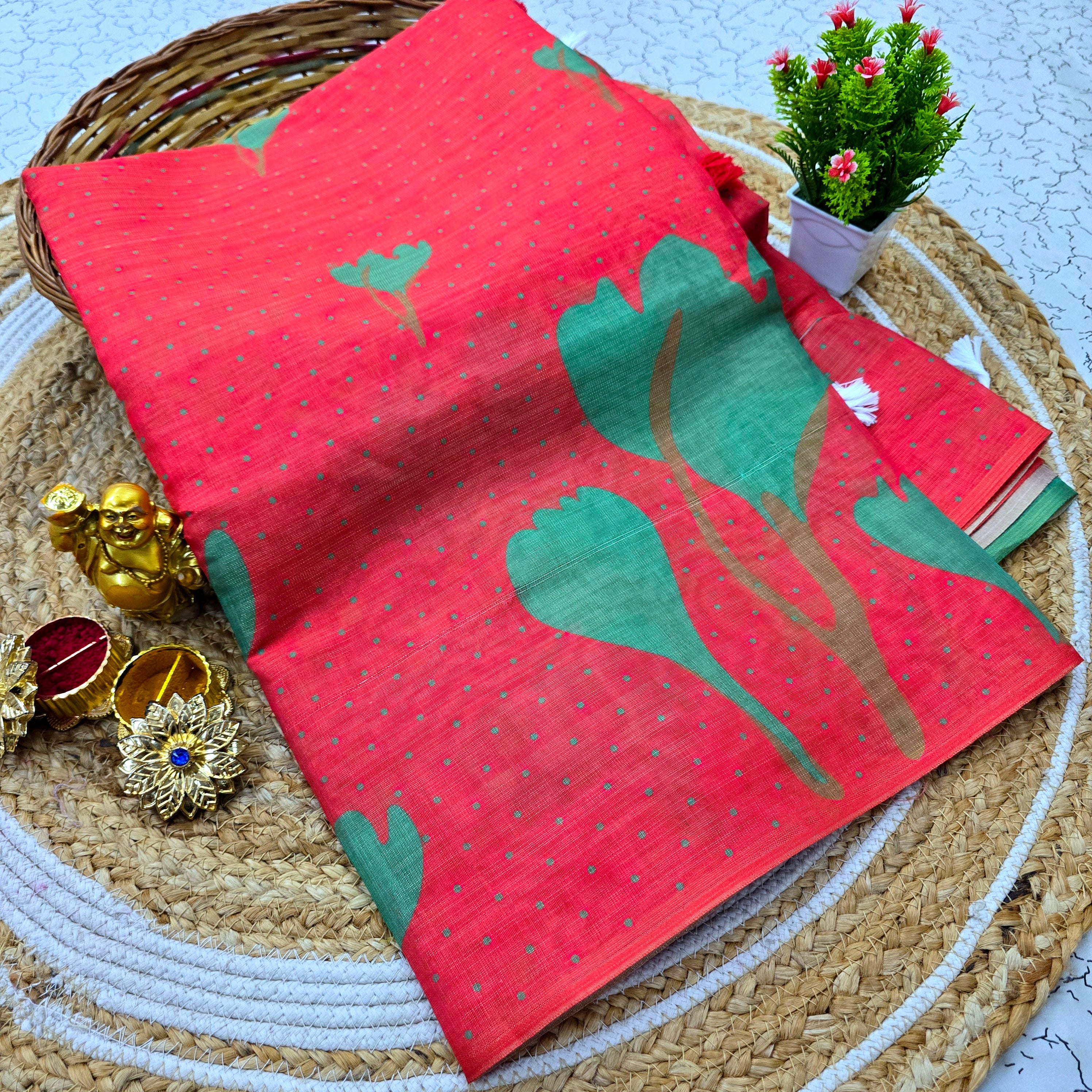 Floral Printed Linen Cotton Saree