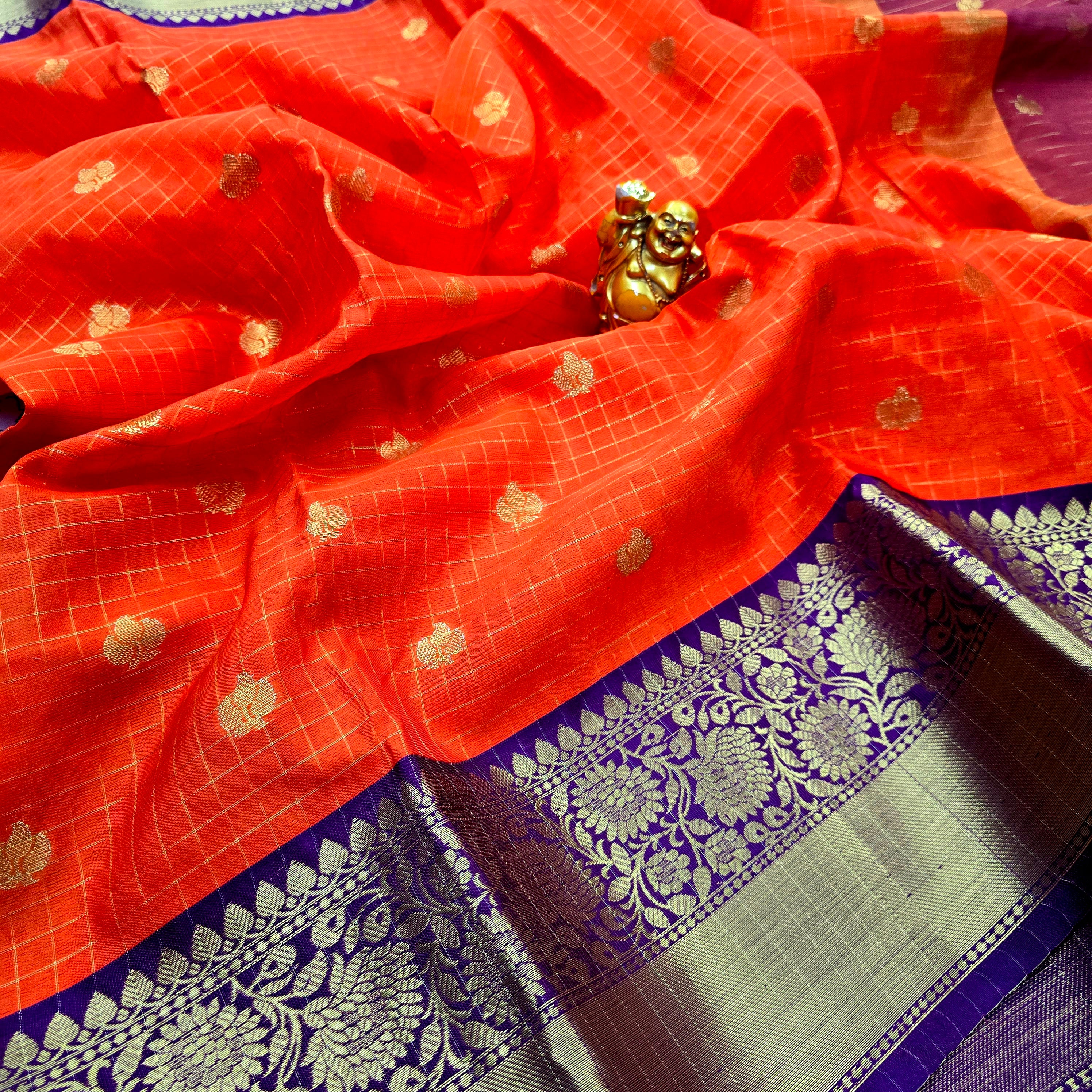 Rust Orange Cheked Saree