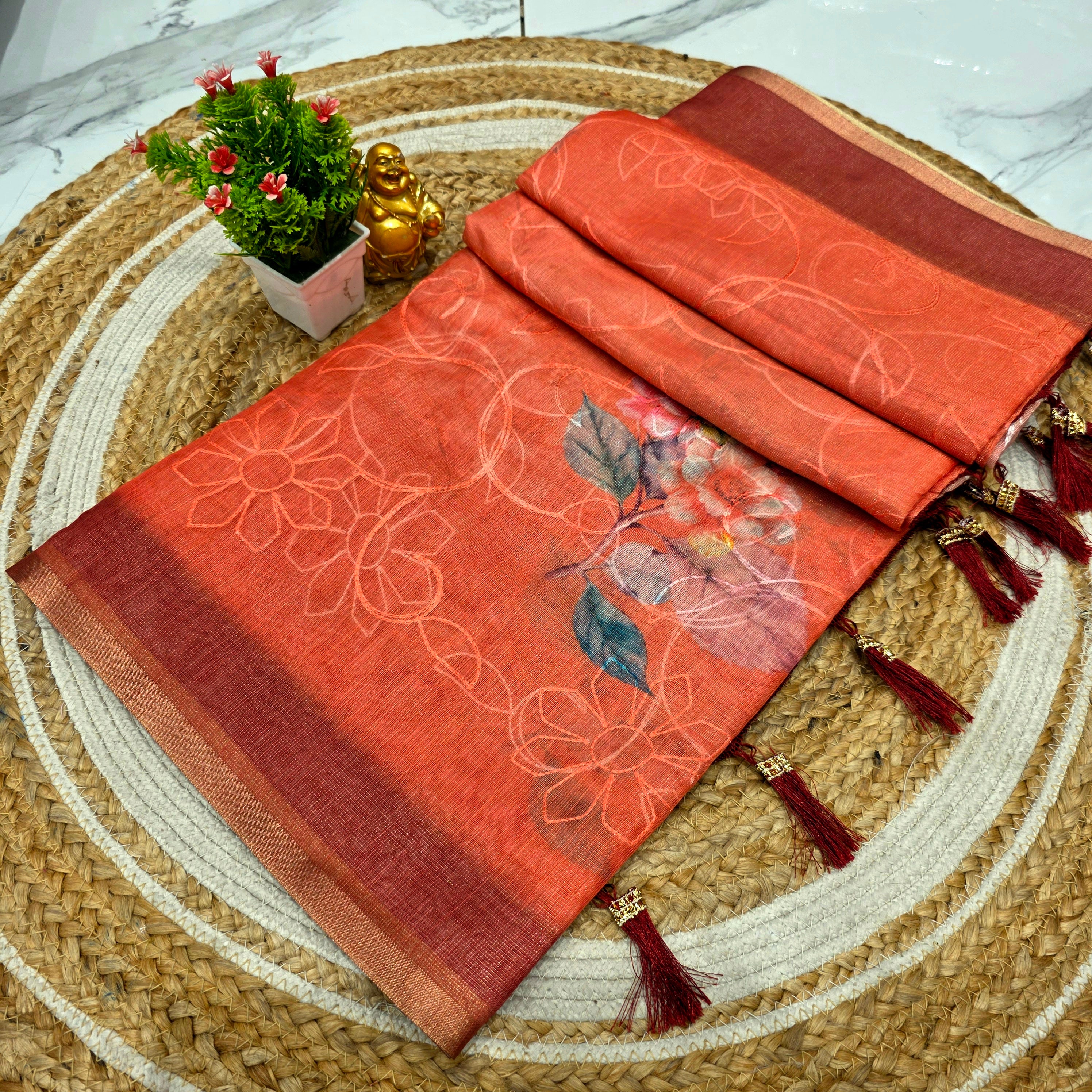 Premium Floral Linen Cotton Saree