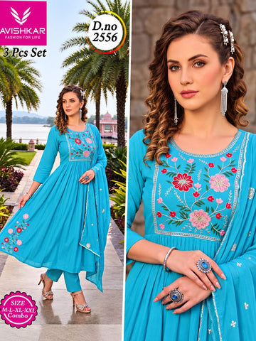 3-Pcs Embroidered Anarkali Kurti Set