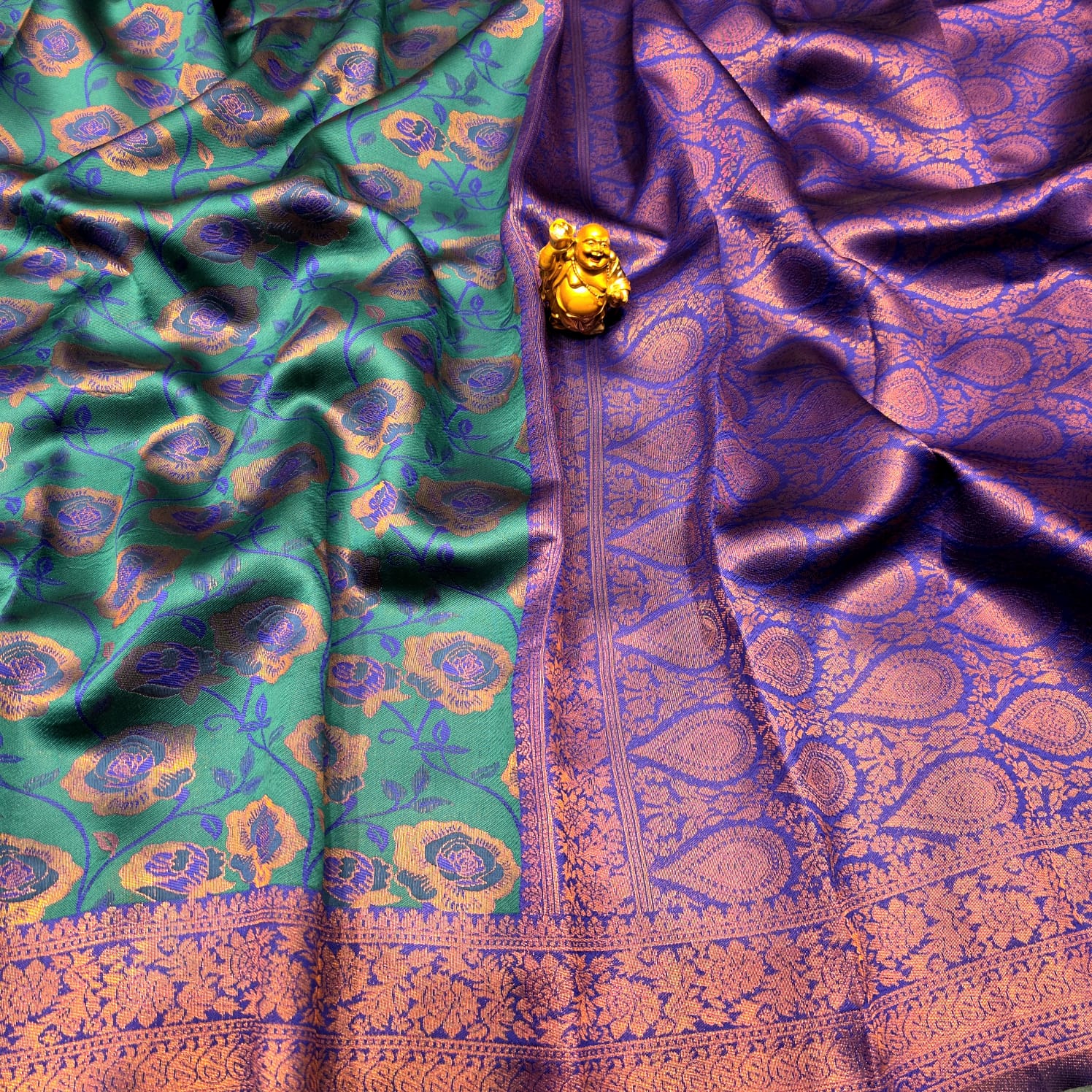 Peacock colour with Rose design Silk Saree