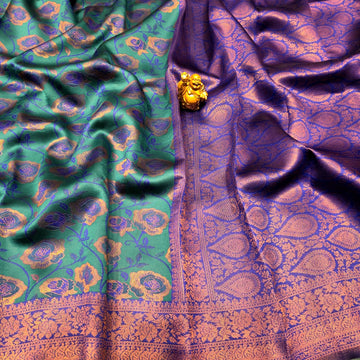 Peacock colour with Rose design Silk Saree