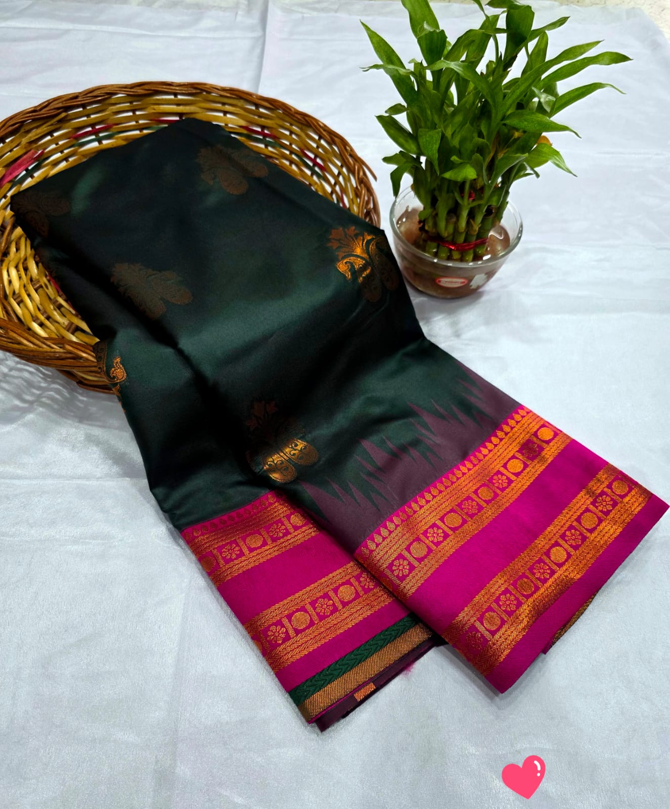 Luxury Golden Zari Soft Silk - Dark Green