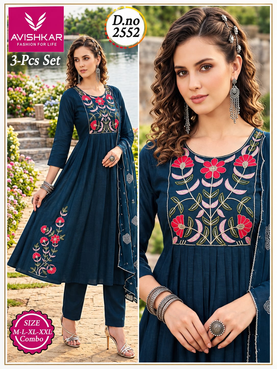 3-Pcs Embroidered Anarkali Kurti Set